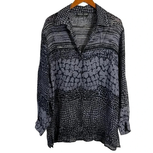 Russell Kemp New York Gray Button Up Blouse Sheer Multiprint Animal Print Top - Picture 1 of 8